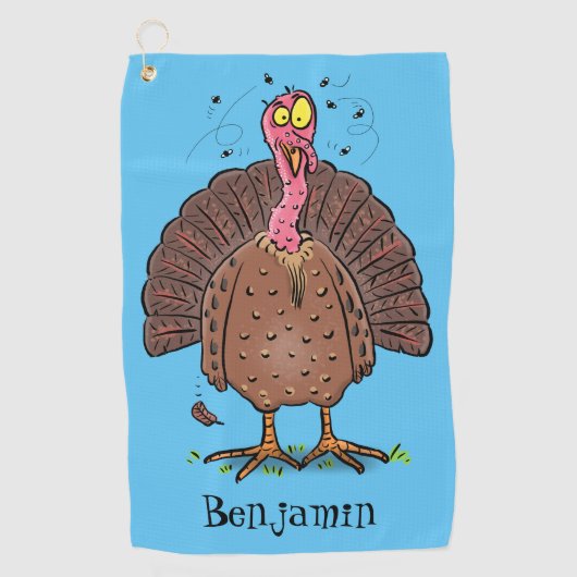 Funny brown farmyard turkey met vliegende cartoon golfhanddoek (Voorkant)