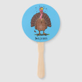 Funny brown farmyard turkey met vliegende cartoon handwaaier (Voorkant)