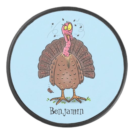 Funny brown farmyard turkey met vliegende cartoon hockey puck (Voorkant)