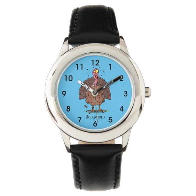 Funny brown farmyard turkey met vliegende cartoon horloge (Voorkant)