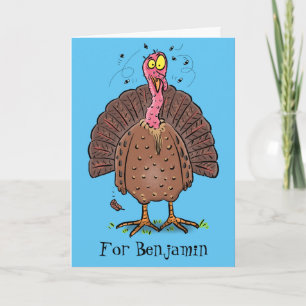 Funny brown farmyard turkey met vliegende cartoon kaart