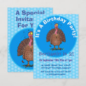 Funny brown farmyard turkey met vliegende cartoon kaart (Voorkant / Achterkant)
