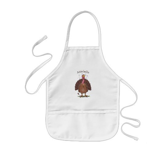 Funny brown farmyard turkey met vliegende cartoon kinder schort (Voorkant)
