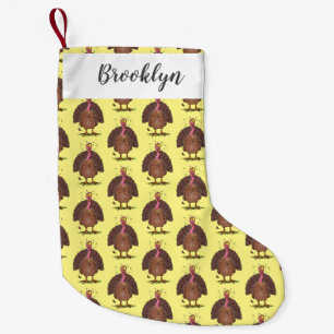 Funny brown farmyard turkey met vliegende cartoon kleine kerstsok
