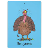 Funny brown farmyard turkey met vliegende cartoon klembord (Achterkant)