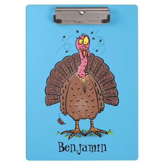Funny brown farmyard turkey met vliegende cartoon klembord (Voorkant)