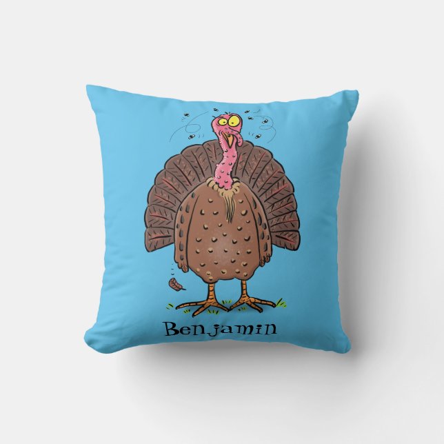 Funny brown farmyard turkey met vliegende cartoon kussen (Voorkant)