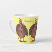 Funny brown farmyard turkey met vliegende cartoon latte mok (Linkerhoek)