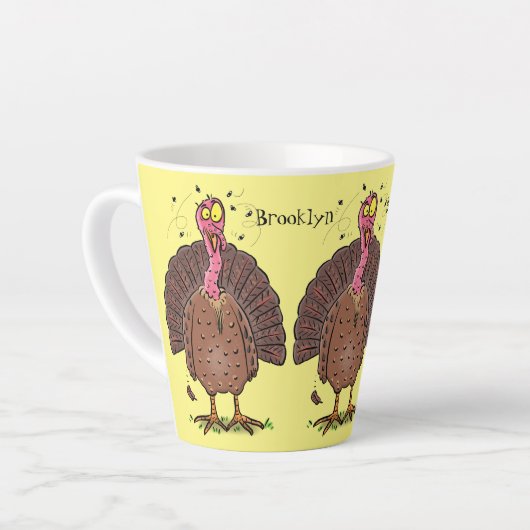 Funny brown farmyard turkey met vliegende cartoon latte mok (Linkerhoek)