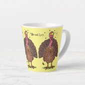 Funny brown farmyard turkey met vliegende cartoon latte mok (Rechterhoek)