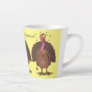 Funny brown farmyard turkey met vliegende cartoon latte mok