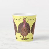 Funny brown farmyard turkey met vliegende cartoon latte mok (Voorkant)