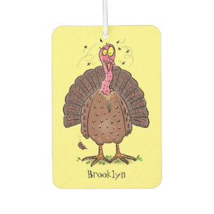 Funny brown farmyard turkey met vliegende cartoon luchtverfrisser