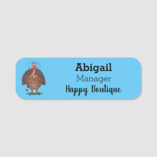 Funny brown farmyard turkey met vliegende cartoon naamplaatje