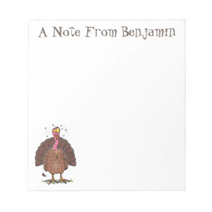 Funny brown farmyard turkey met vliegende cartoon notitieblok