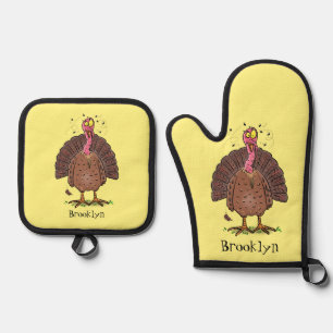 Funny brown farmyard turkey met vliegende cartoon ovenwant & pannenlap set