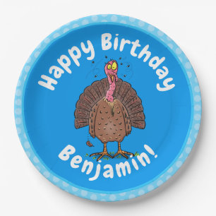 Funny brown farmyard turkey met vliegende cartoon papieren bordje