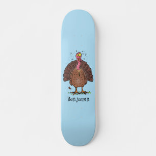 Funny brown farmyard turkey met vliegende cartoon persoonlijk skateboard