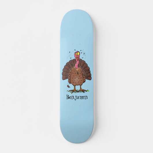 Funny brown farmyard turkey met vliegende cartoon persoonlijk skateboard (Voorkant)