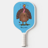Funny brown farmyard turkey met vliegende cartoon  pickleball paddle (Achterkant)