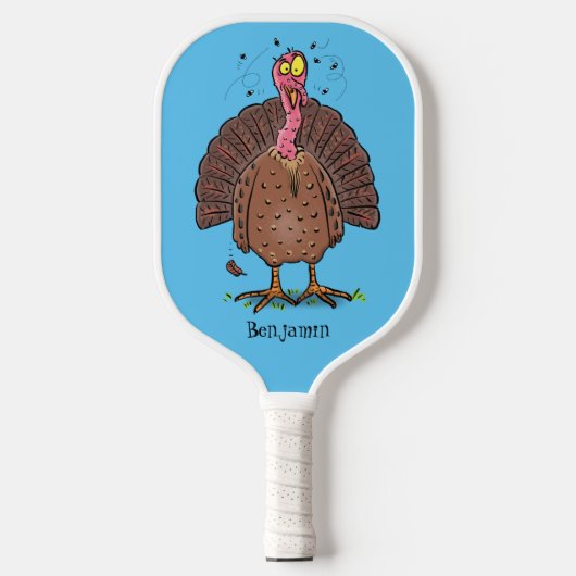Funny brown farmyard turkey met vliegende cartoon  pickleball paddle (Voorkant)