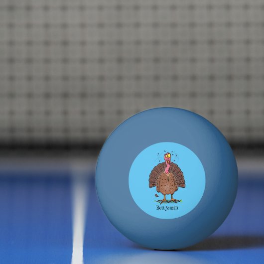 Funny brown farmyard turkey met vliegende cartoon pingpongbal (Net)