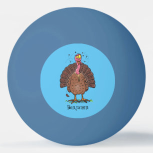 Funny brown farmyard turkey met vliegende cartoon pingpongbal
