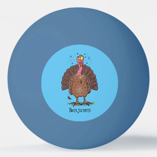 Funny brown farmyard turkey met vliegende cartoon pingpongbal (Achterkant)