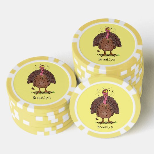 Funny brown farmyard turkey met vliegende cartoon poker chips (Opstapeling)
