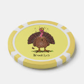 Funny brown farmyard turkey met vliegende cartoon poker chips (Enkel)