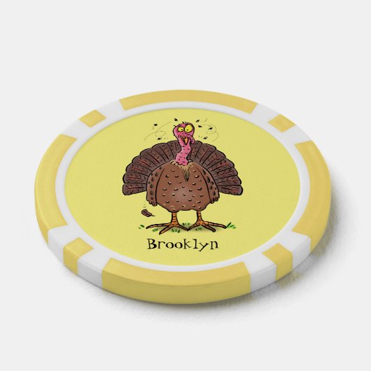 Funny brown farmyard turkey met vliegende cartoon poker chips (Enkel)