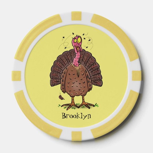 Funny brown farmyard turkey met vliegende cartoon poker chips (Voorkant)