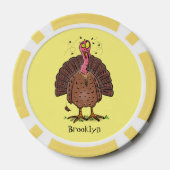 Funny brown farmyard turkey met vliegende cartoon poker chips (Achterkant)