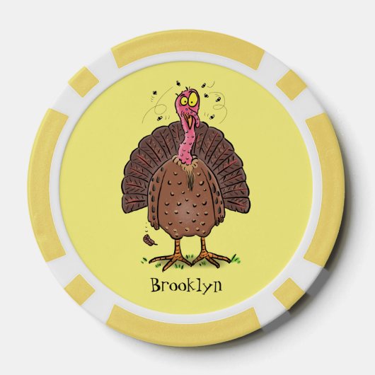 Funny brown farmyard turkey met vliegende cartoon poker chips (Achterkant)
