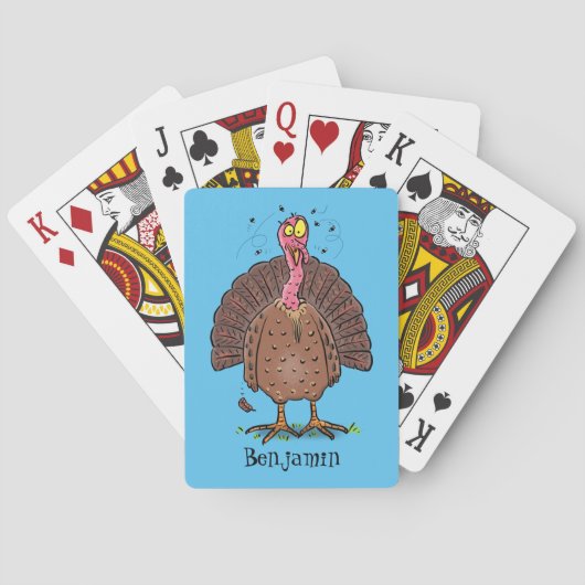 Funny brown farmyard turkey met vliegende cartoon pokerkaarten (Achterkant)