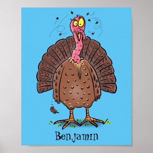 Funny brown farmyard turkey met vliegende cartoon poster (Voorkant)