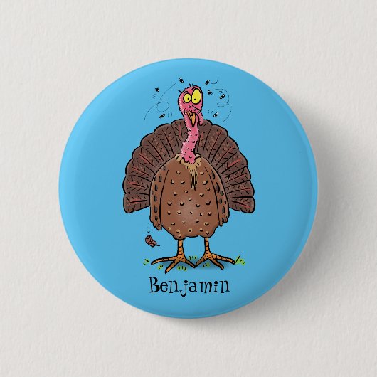 Funny brown farmyard turkey met vliegende cartoon ronde button 5,7 cm (Voorkant)