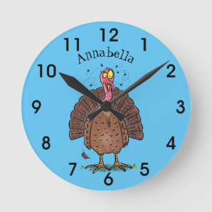 Funny brown farmyard turkey met vliegende cartoon ronde klok