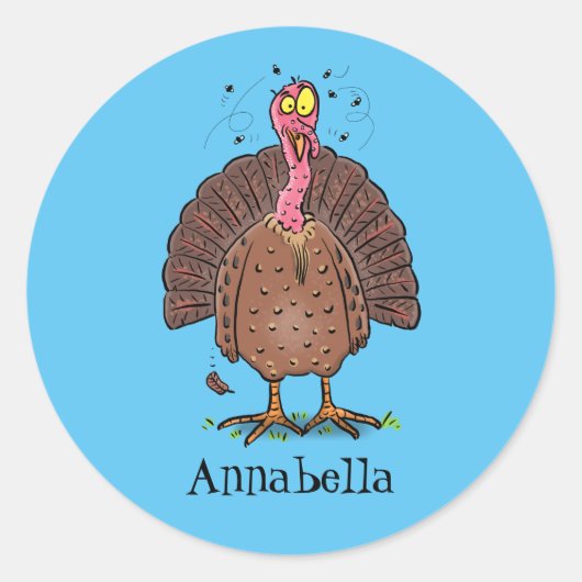 Funny brown farmyard turkey met vliegende cartoon ronde sticker (Voorkant)
