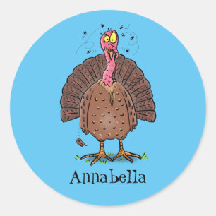 Funny brown farmyard turkey met vliegende cartoon ronde sticker