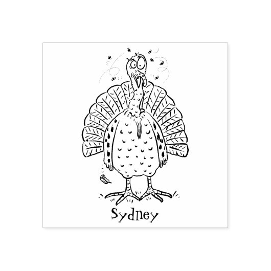Funny brown farmyard turkey met vliegende cartoon rubberstempel (Afrduk)
