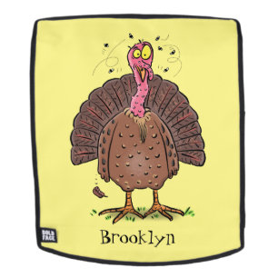 Funny brown farmyard turkey met vliegende cartoon rugtassen