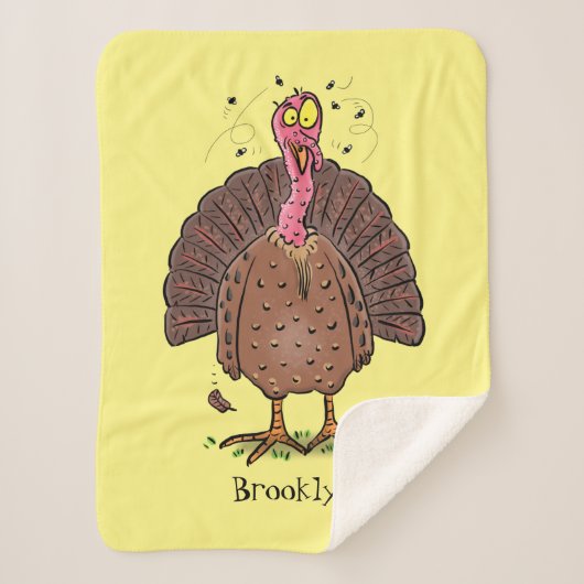 Funny brown farmyard turkey met vliegende cartoon sherpa deken (Voorkant)