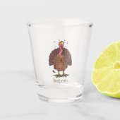 Funny brown farmyard turkey met vliegende cartoon shot glas (Voorkant)