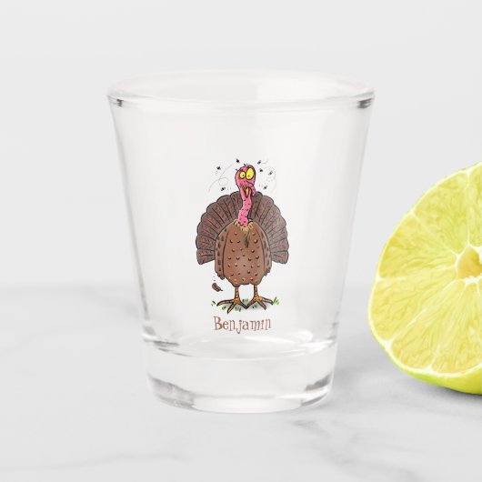 Funny brown farmyard turkey met vliegende cartoon shot glas (Voorkant)