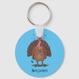 Funny brown farmyard turkey met vliegende cartoon sleutelhanger