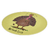 Funny brown farmyard turkey met vliegende cartoon snijplank (Hoek)