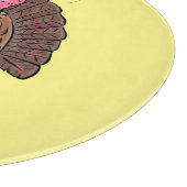 Funny brown farmyard turkey met vliegende cartoon snijplank (Hoek)