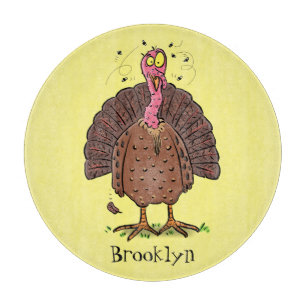 Funny brown farmyard turkey met vliegende cartoon snijplank