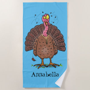 Funny brown farmyard turkey met vliegende cartoon strandlaken
